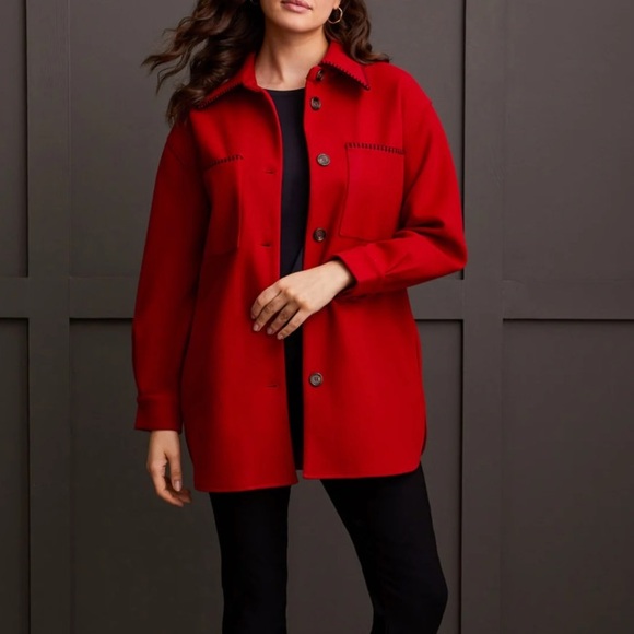 Tribal Tops - NWT Tribal Blanket Stitch Shacket Shirt Top Red Medium XL